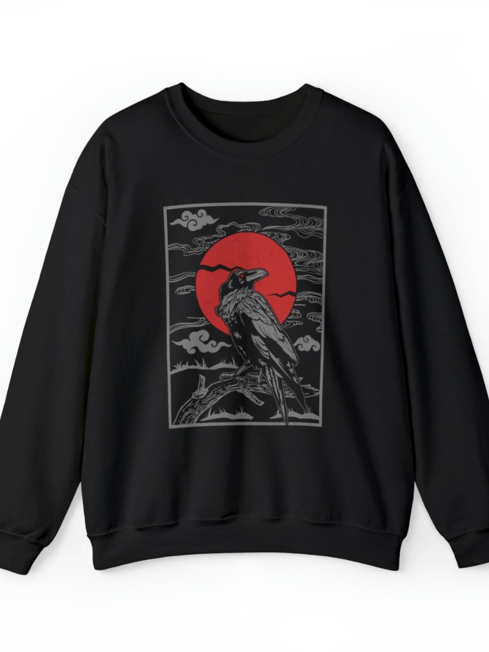 Gildan Black Raven Crewneck Sweatshirt, Retro Raven and Red Sun Graphic